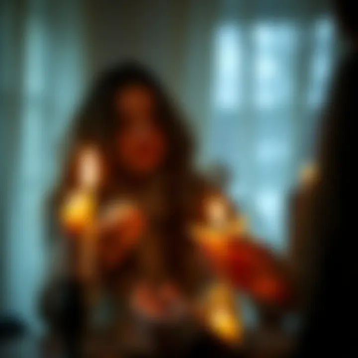 A person lighting a candle and holding crystals while focusing on a peaceful breakup spell