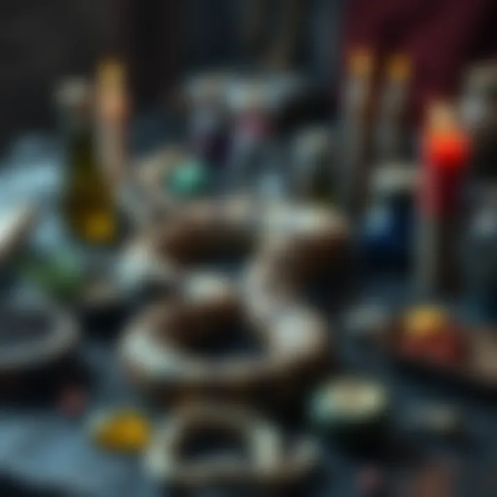 A view of a preserved dead snake on a crafting table with various spell ingredients around it