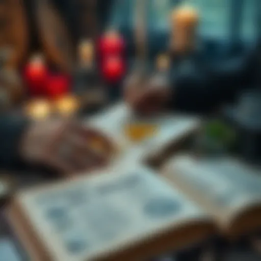 A close-up of a person writing spell ingredients in a journal surrounded by candles and herbs, with an open book on chaos magick nearby.