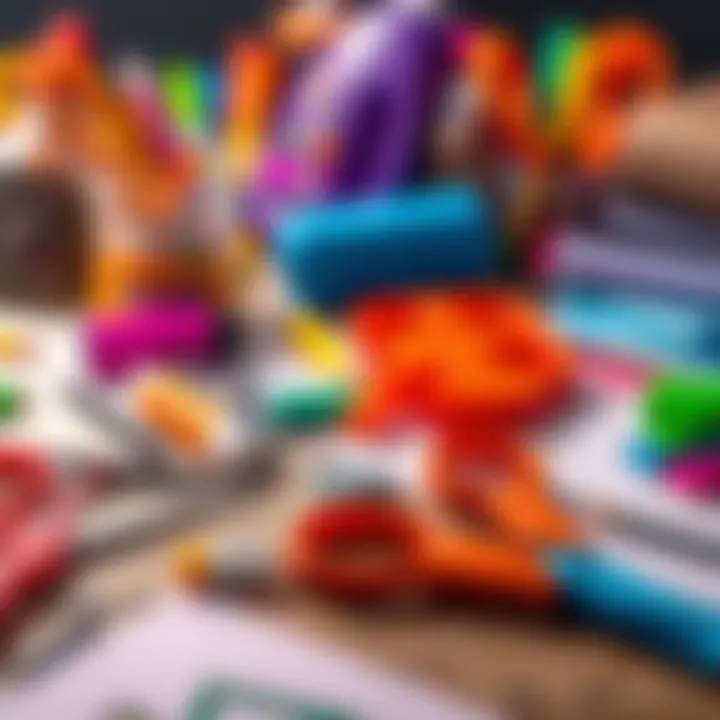 Colorful crafting supplies including scissors, glue, and paper scattered on a table