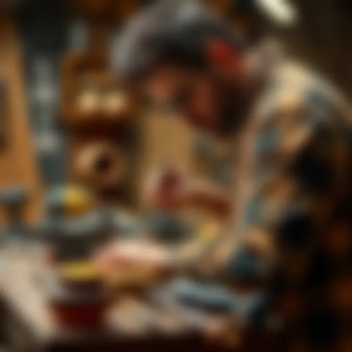 A skilled artisan carefully working on a wooden project with precision tools on a workbench.