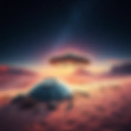 A metallic flying saucer partially buried in the sand with scattered debris around it under a starry night sky