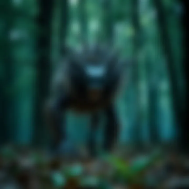 A creature resembling a crawler in a dark forest, with distinctive hair and a mysterious presence.
