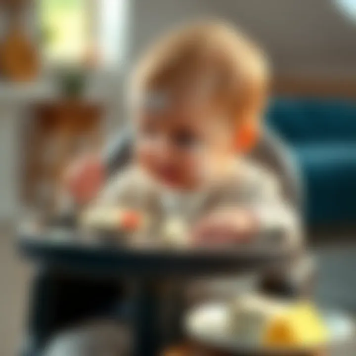 A playful scene of a baby sitting in a high chair with cream cheese smeared on their face and hands, looking curiously at a vegetable spread on a plate nearby.
