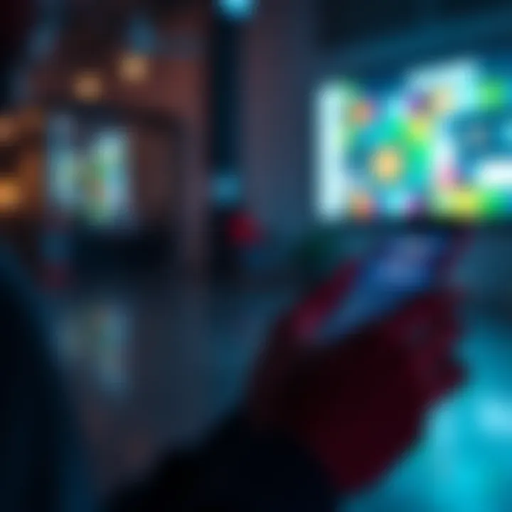 A person using a mobile app to create subliminal messages with colorful visuals on the screen