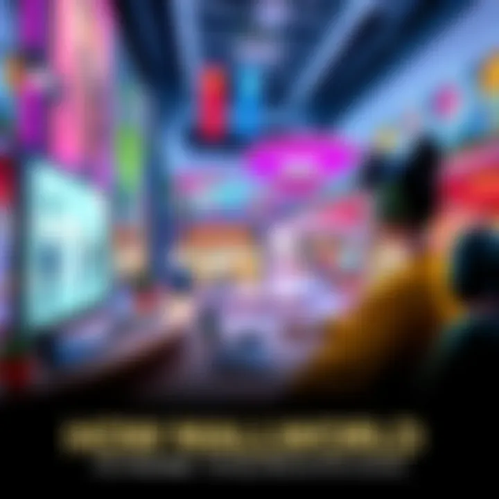 A digital artist working on a computer, designing a virtual shopping environment with colorful shops and decorations.