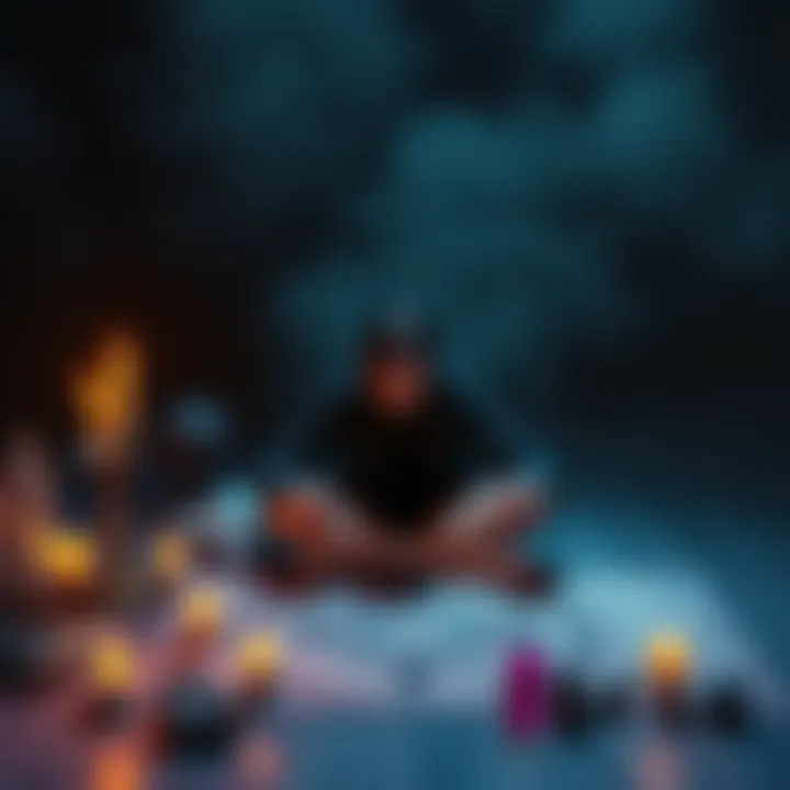 A person sitting cross-legged on the floor, focused on drawing a mystical sigil with candles and crystals around, symbolizing a magical atmosphere.