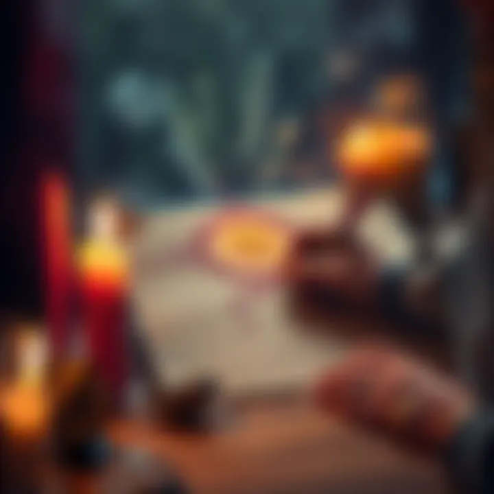 A person drawing a sigil on a piece of paper surrounded by candles and crystals, focusing intently on their work.