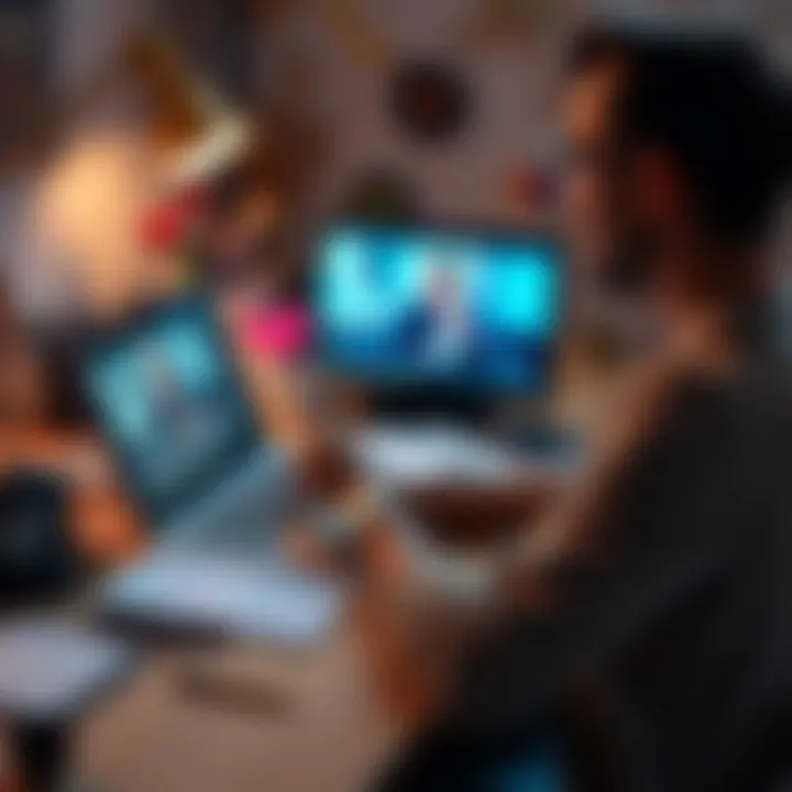 A person writing affirmations while editing a video on a laptop, surrounded by creative materials