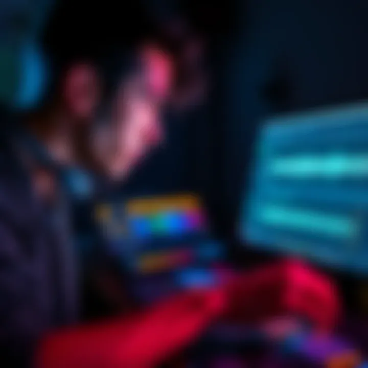 A person working on a music software interface to create subliminal tracks, adjusting sound frequencies with a focused expression.