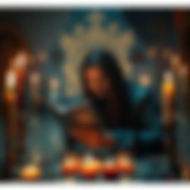 A person focusing on a sigil, surrounded by candles and spiritual symbols, representing the process of achieving gnosis for sigil work.