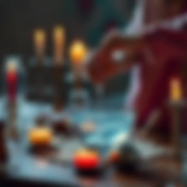 Creating Holy Water A person pouring moon water into a bowl while praying, surrounded by candles and spiritual symbols.