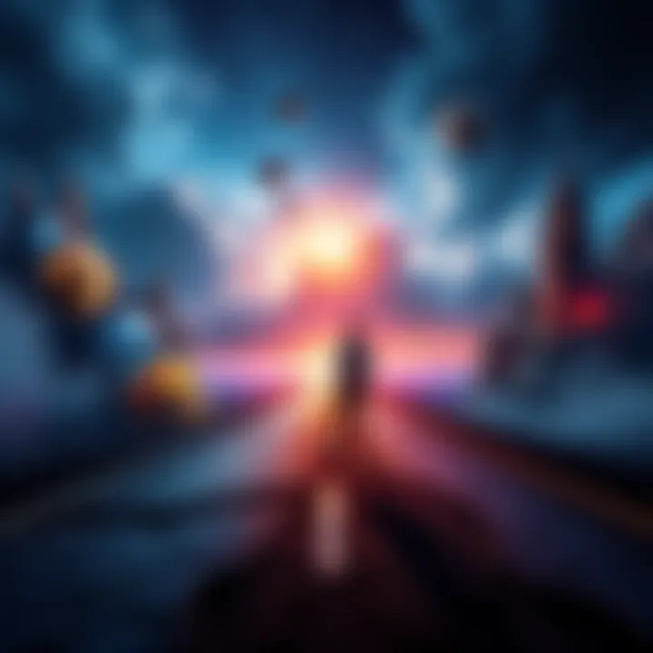 Creating New Realities A person standing at a crossroads, contemplating different paths that lead to imaginative worlds.
