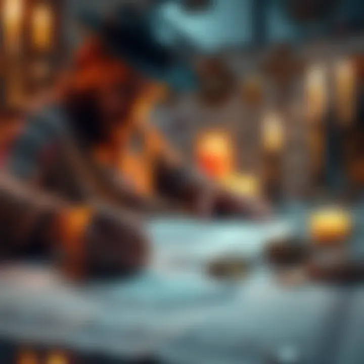 A person drawing a sigil with focus and intent on paper, surrounded by candles and crystals, reflecting the act of manifestation.