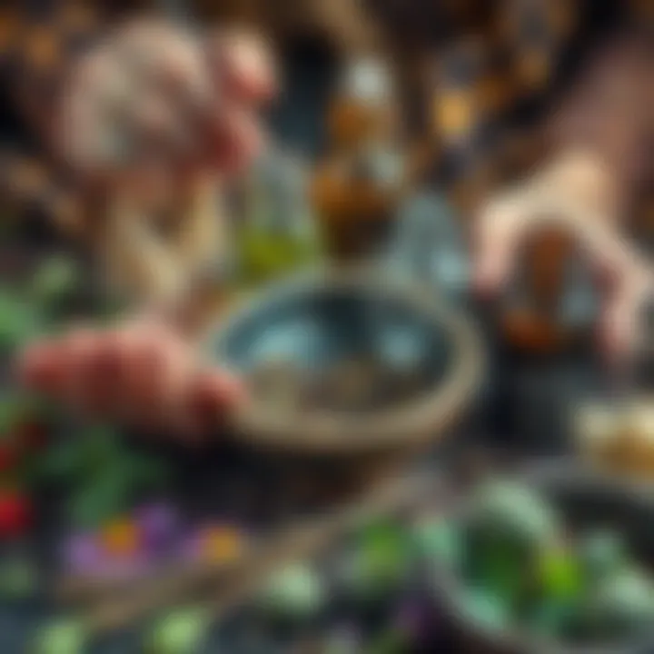Creating Spell Oils A person mixing herbs and oils in a small bowl for spell oil creation, surrounded by natural ingredients like flowers and leaves.