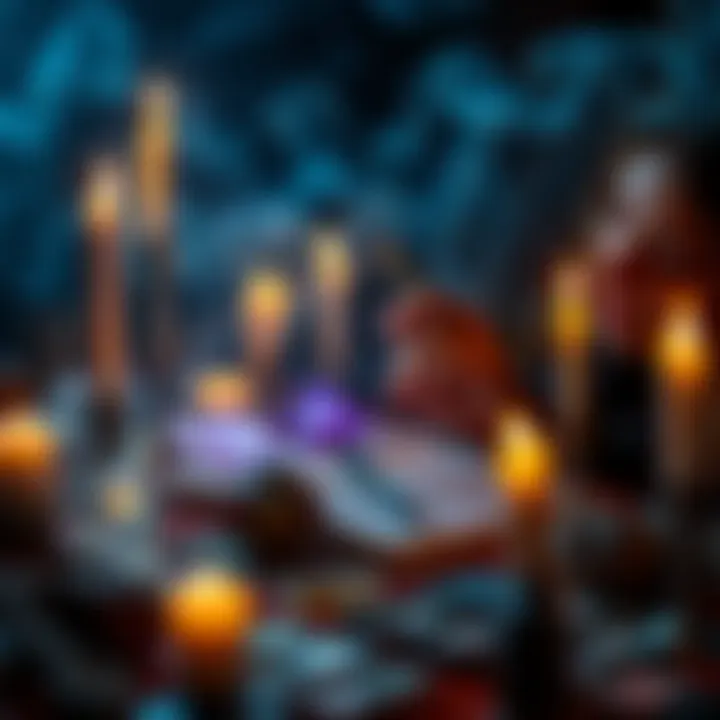 A person surrounded by candles and crystals, writing in a notebook while focusing on spell creation for protection and clairvoyance.