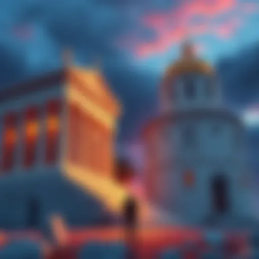 An image showing a Greek temple and a traditional church side by side, representing Hellenic deities and the God of Abrahamic faiths, with a person contemplating between them.