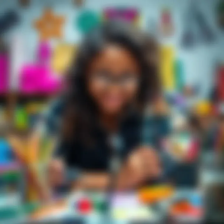 A person happily engaging in arts and crafts, surrounded by colorful materials and tools