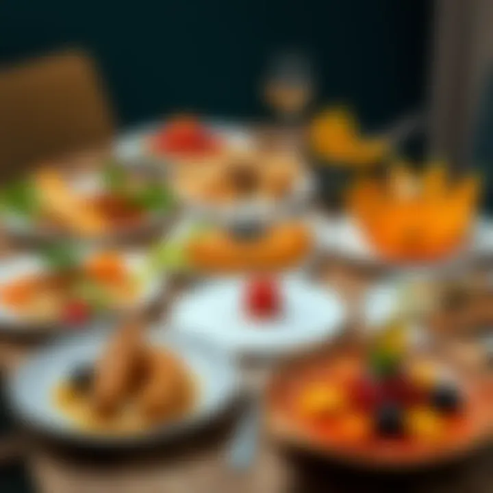 Colorful and unique dishes arranged on a dining table, showcasing creative presentations and a variety of flavors.