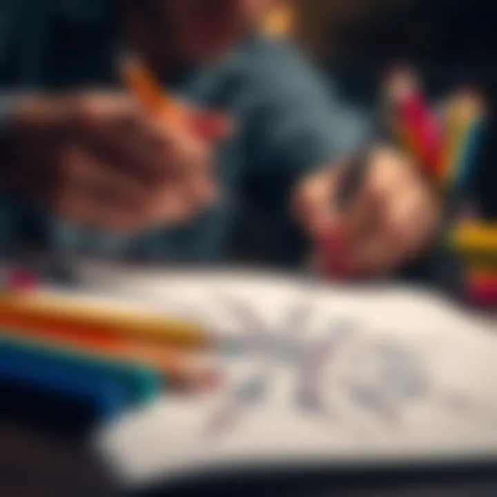 Creative Sigil Drawing An artist sketching a unique sigil on paper with colorful markers and pencils, showcasing artistic expression and creativity.