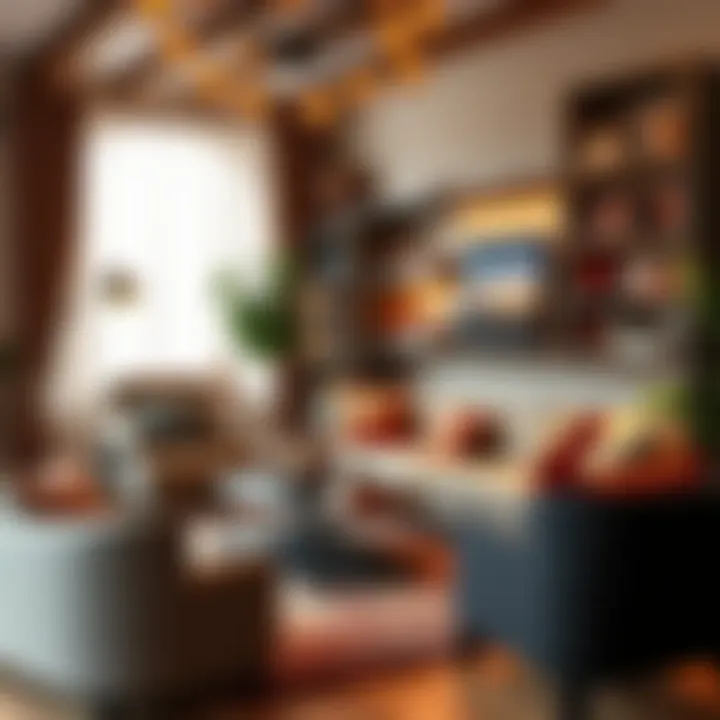 A cozy living room with innovative book storage solutions, including disguised shelves and decorative boxes hiding books.