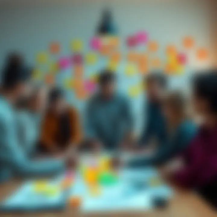 A diverse group of people brainstorming ideas with colorful sticky notes and sketches on a table, showing creativity and collaboration.