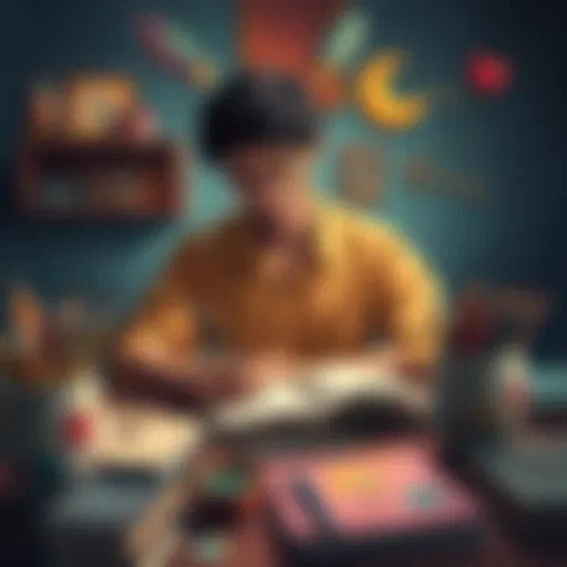 A person journaling while surrounded by art supplies, symbols of daydreaming, and role-playing elements, representing creative ways to connect with desired realities.