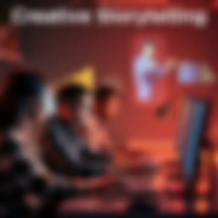 A group of people collaborating at a computer, sharing ideas and creating narrative content in a digital space.