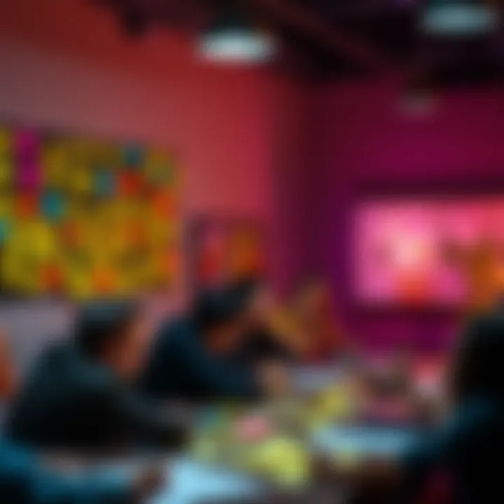 Creative Experience Naming A colorful brainstorming session where people write creative names on sticky notes, surrounded by inspiration boards.