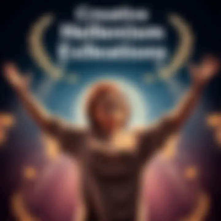 Creative Hellenism Exclamations A person joyfully exclaiming with arms raised, surrounded by symbolic elements of Hellenism like laurel wreaths and ancient Greek motifs.