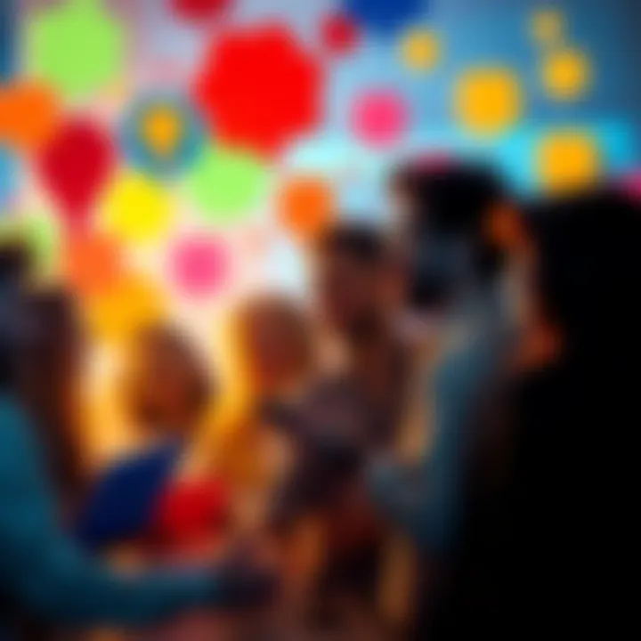 A group of diverse people engaging in a lively conversation about creative ideas and thoughts, surrounded by colorful thought bubbles.