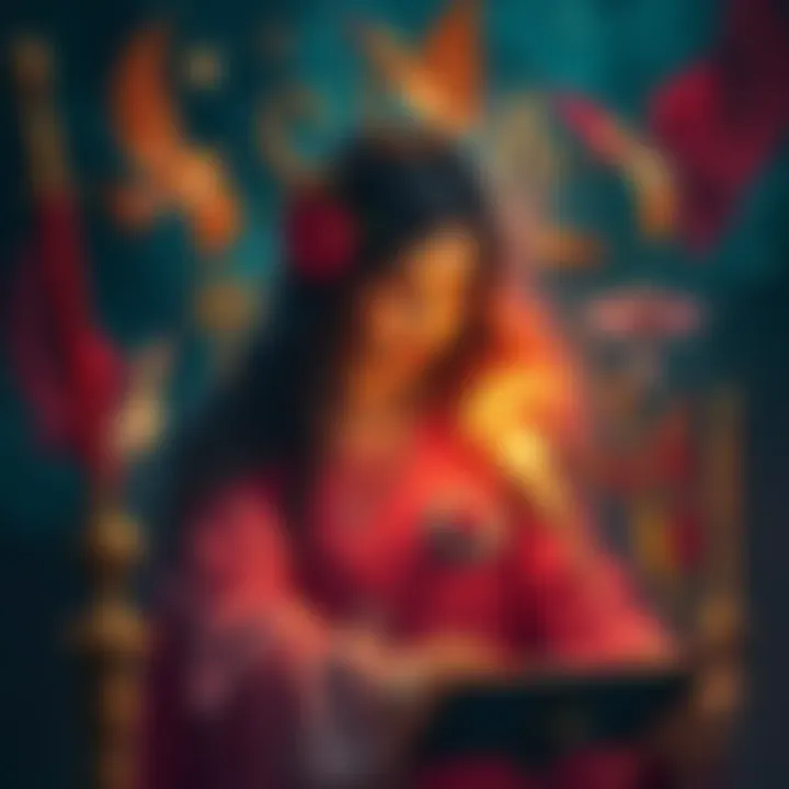 Creative Inspiration A person painting while surrounded by symbols of creativity and femininity, representing the muse concept.