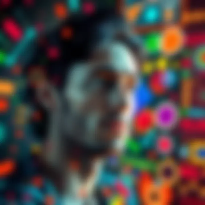 A person with a thoughtful expression surrounded by colorful abstract shapes, symbolizing creativity and awareness in a world of illusions.