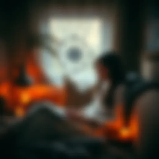 A creative neopagan individual looking for a supportive online community, depicted in a cozy setting with a laptop and mystical symbols around them.