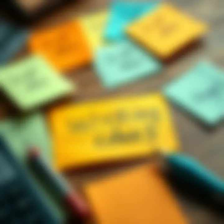 A collection of colorful sticky notes with unique script ideas written on them, placed on a wooden desk.