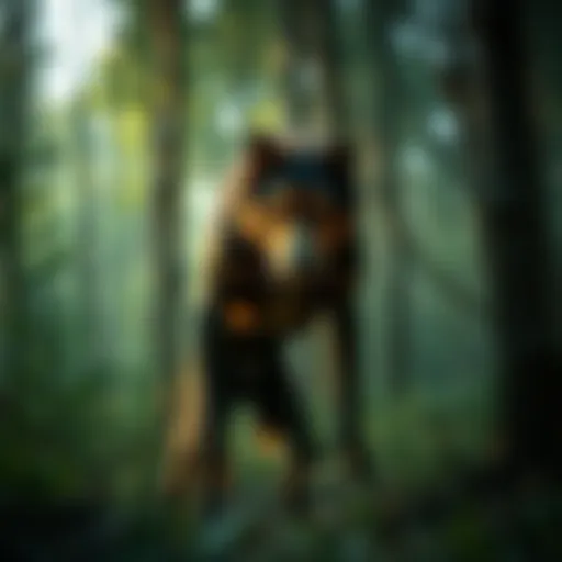 A game camera captures a creature that looks like a dog man, standing in the woods under natural light.