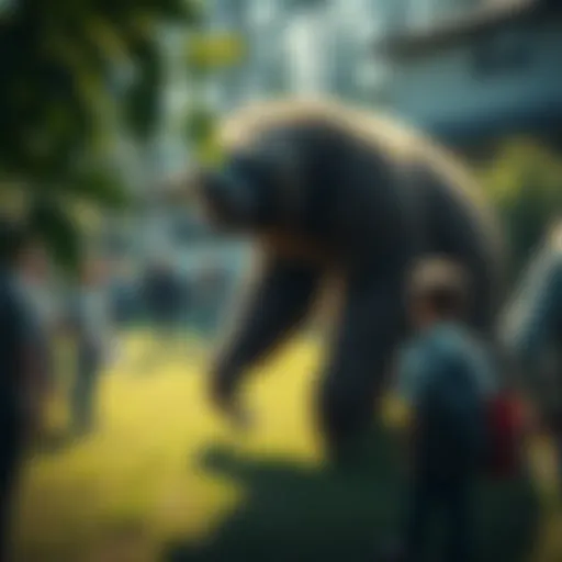 A large, mysterious creature resembling a ground sloth seen in a backyard, surrounded by curious onlookers.