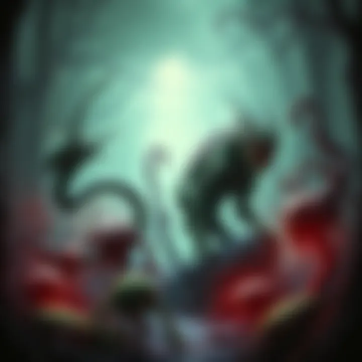 A collection of unique and eerie cryptid creatures in a dark fantasy setting, including unsettling vine beings and twisted plant forms, surrounded by a mysterious forest backdrop.
