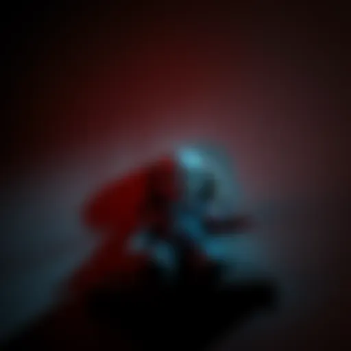 An unsettling doll sitting on a shelf in a dimly lit room, casting shadows and creating an eerie atmosphere.
