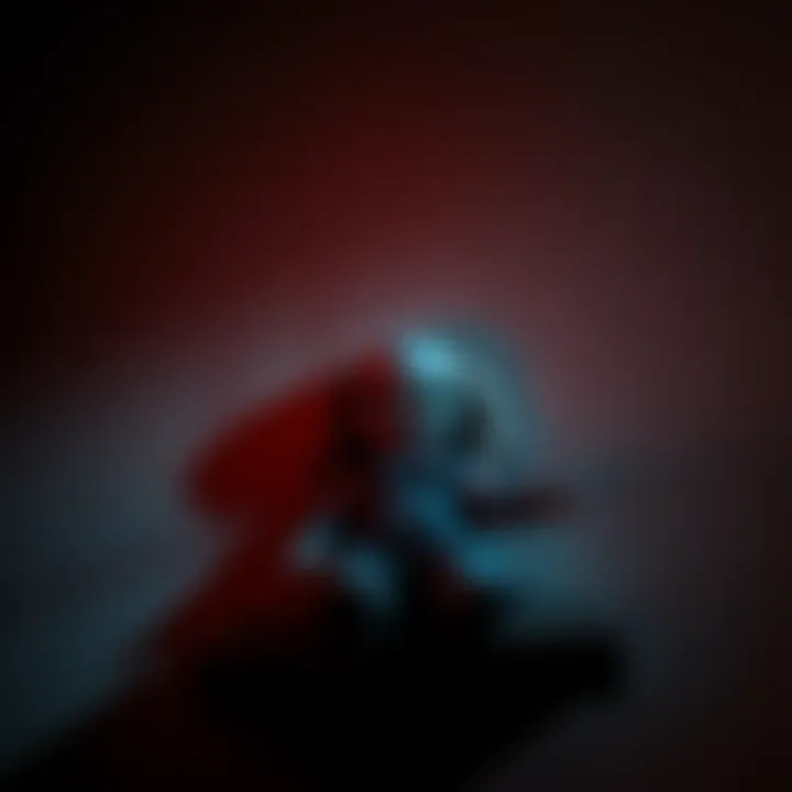 An unsettling doll sitting on a shelf in a dimly lit room, casting shadows and creating an eerie atmosphere.