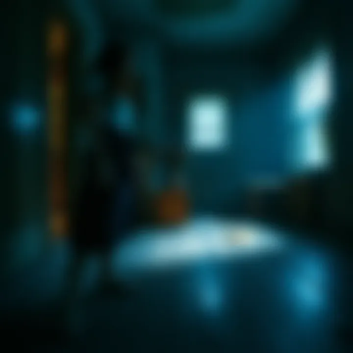 A woman standing in an old New England apartment, looking at the floorboards with a worried expression, while a faint light glows from beneath them.