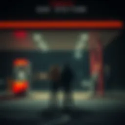 A couple stands in front of a dimly lit gas station surrounded by eerie mannequins and an unsettling atmosphere at night.