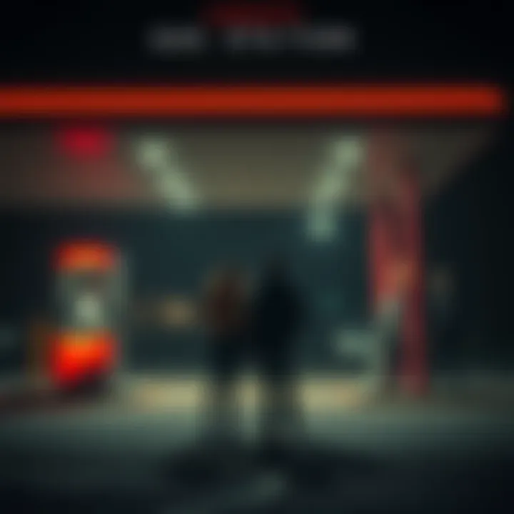 A couple stands in front of a dimly lit gas station surrounded by eerie mannequins and an unsettling atmosphere at night.