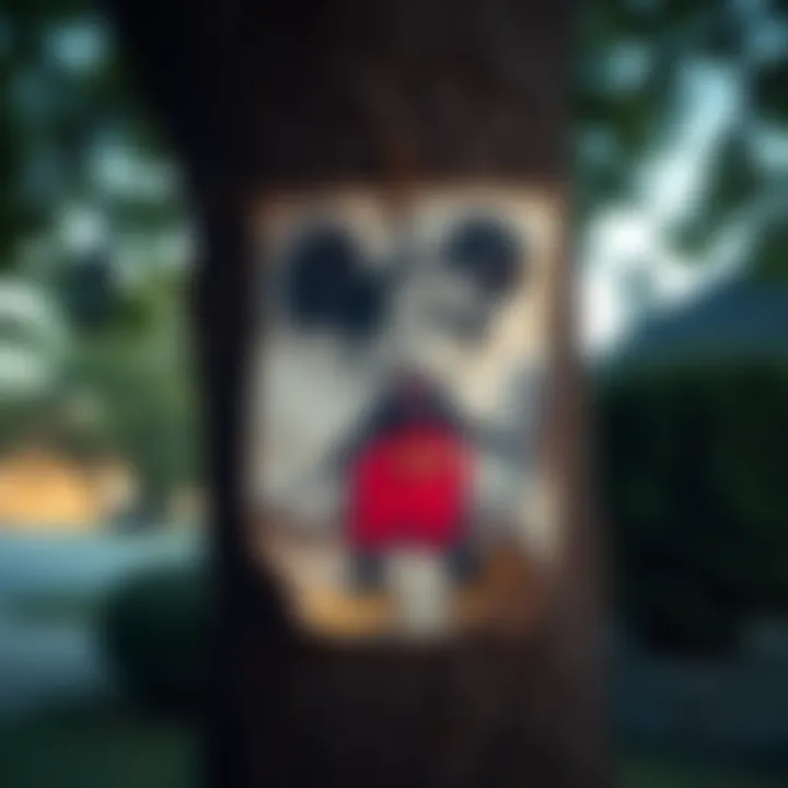 Creepy drawing of Mickey Mouse pinned to a tree in a yard