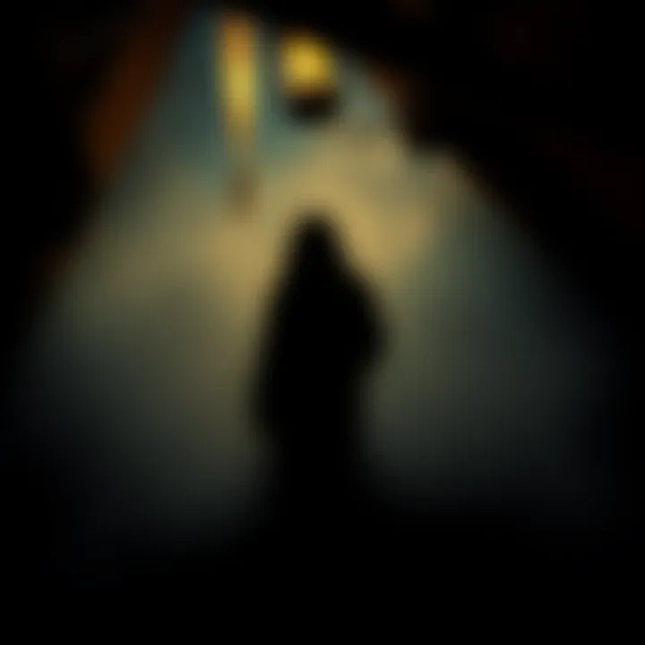 A dimly lit attic with shadows and a faint outline of a figure, suggesting eerie sounds like whispers and footsteps.