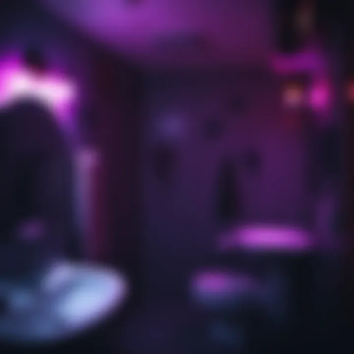 A dark, unsettling bathroom with flickering lights and strange shadows cast on the walls, evoking fear and discomfort.