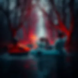 People enjoying a water ride on a spooky canal, surrounded by dark waters and eerie trees.