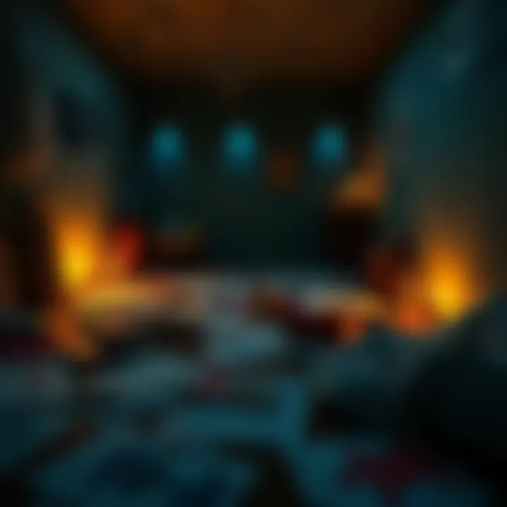 A collection of unsettling children's drawings scattered on a floor in a dimly lit room