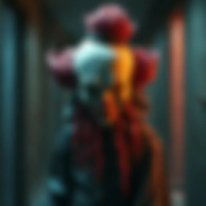 Vintage clown statue with maggots crawling out of it, creating an eerie atmosphere