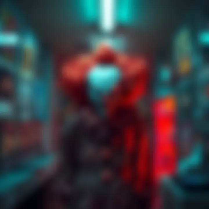 A scary clown standing in a dimly lit VHS store, with old movie posters on the walls